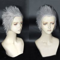 Vergil Cosplay Wig Short Silver Slicked-Back Hair Heat Resistant Cosplay Costumes Halloween Cos Hair Wigs + Wig Cap