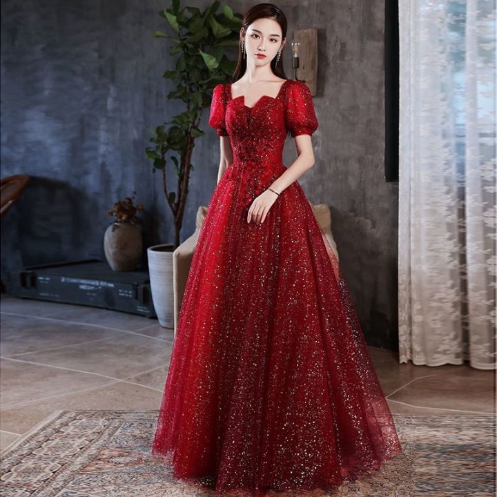 Đầm Nữ Thanh Lịch Váy Dạ Tiệc Màu Đỏ Đầm 2024 Thêu Kim Sa Cao Cấp