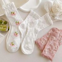 【LZ】◑♕►  5 pares jk lolita estampa de flores feminino meias tubo médio doce babados plissado branco meia longa primavera verão menina princesa sox