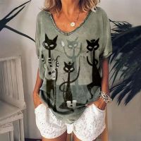 【YY】R Womens T Shirt Anime Cat Graphic Girl Clothes Summer V-neck Short Sleeve Tees Female Harajuku Streetwear Oversized Blouse