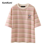 KUMI เสื้อยืดลำลองแฟชั่นแขนสั้นพิมพ์ลายทางสำหรับผู้หญิง