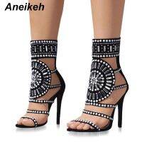 ✼ Aneikeh Women Fashion Open Toe Rhinestone Design High Heel Sandals Crystal Ankle Wrap Glitter Diamond Gladiator Black Size 35 42