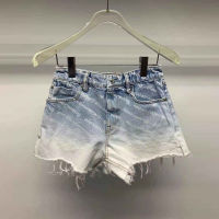 กางเกงขาสั้น Spring and summer gradient color logo print high denim shorts womens raw edge hot pants