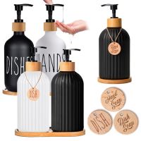 Dispenser sabun hitam dengan Tag bambu botol Lotion kamar mandi dapat diisi ulang botol sabun tangan cair piring dapur