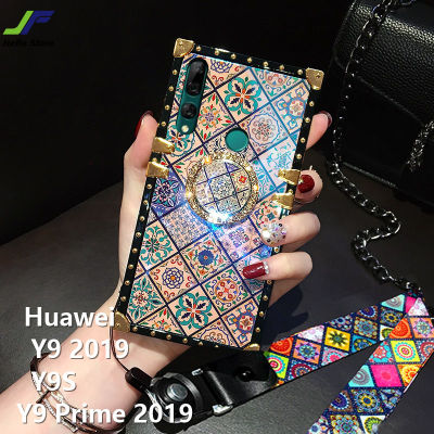 JieFie สำหรับ Huawei Y9 2019 Huawei Y9S Huawei Y9 Prime 2019 Blu-Ray สไตล์ชาติพันธุ์เคสโทรศัพท์ Luxury Square กันกระแทกฝาหลัง + ขาตั้งโทรศัพท์และเชือกเส้นเล็ก