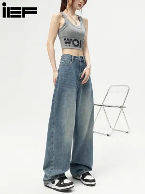 IEF กางเกงขายาว, กางเกงยีนส์สีน้ำเงินย้อนยุคของผู้หญิงกางเกงเอวสูงตรงกางเกงถูพื้น, กางเกงคาร์โก้ญ, 2023
