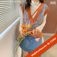 INS?0389 เสื้อกล้ามถักสําหรับสตรีแขนกุดคอวีลายดอกไม้สีส้มทรงหลวมใส่สบาย