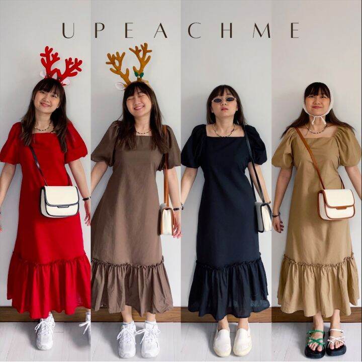 eden-dress-i-เดรสยาวสีพื้นแขนตุ๊กตา-ชุดเดรสคริสต์มาส-เดรสคอเหลี่ยมมินิมอลเกาหลี-ชุดเดรสใส่ทำงาน