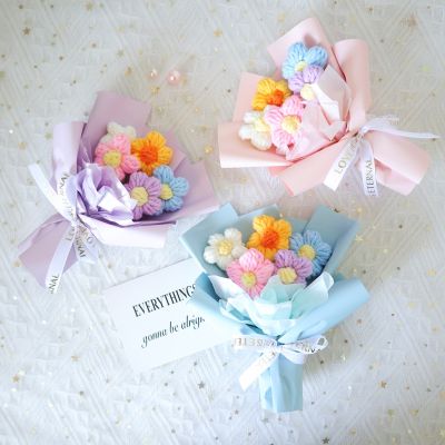 【CC】 Puffs Crochet Flowers Artificial Bouquets Colorful Hand Woven for Mother 39;s Day Gifts 꽃다발