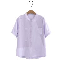 【มีไซส์ใหญ่】Plus Size Womens XL-4XL Full Cotton Patchwork Summer Blouses Short Sleeve Solid Color Button Up A-line Female Tops