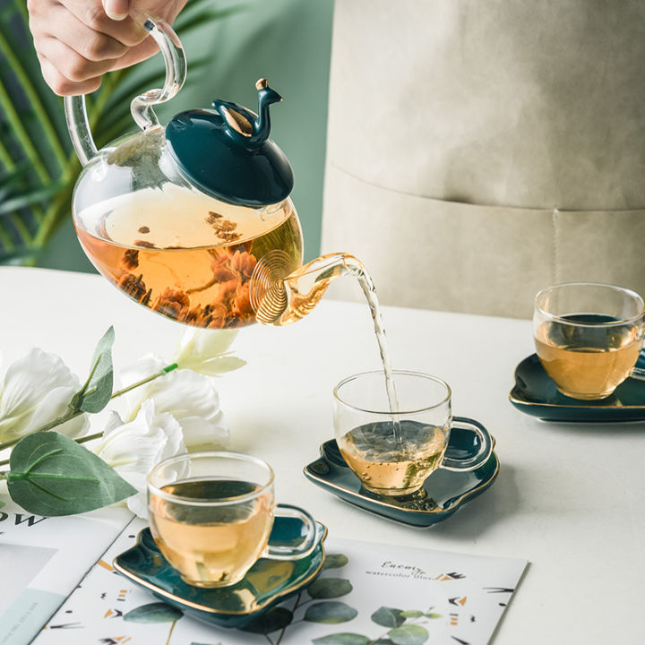 hot-premium-green-golden-glass-swan-teapot-with-strainer-and-holder-services-teaware-set-cup-and-saucer-water-flower-kettle