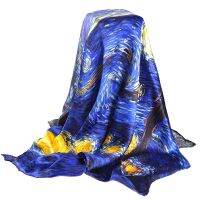 ☂▼㍿ Dark Blue 100 Real Silk Scarf For Ladies Brand Designer Scarves Spring Fall Van Gogh Oil Painting Square Scarves Wraps 90x90cm