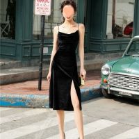 Velvet skirt with shoulder-straps female summer wear long aristocratic temperament Hepburn feminine dress sexy little black dress