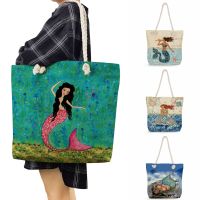 ✾☾﹍ High Capacity Casual Handbags For Women Outdoor Travel Beach Bags Folding Shopping Bag Portable Mermaid Female Print Tote Bags