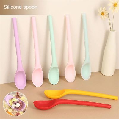 ☍ↂ 1 10PCS Multi Purpose Silicone Spoon Long Handle Rice Soup Spoon Mixing Dessert Ice Cream Spoon Teaspoon Coffee Spoon Kitchen