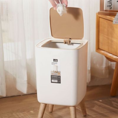 【YF】 Trash Can with Lid Press Dustbin for Living Room Toilet Bathroom Kitchen Garbage Bucket High Foot Imitation Wood Rubbish 7L