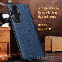 เคสสำหรับ Honor 90 /Honor 90 Pro เคสเลนส์อัลลอยสามมิติเคสป้องกันหนังแท้เคสโทรศัพท์นักธุรกิจกันตกและกันกระแทก