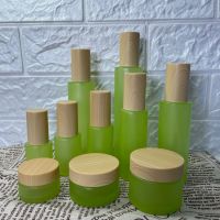 【hot】 100ml Frosted Glass Bottle with Wood Grain lid cosmetic container Press pump bottle packaging