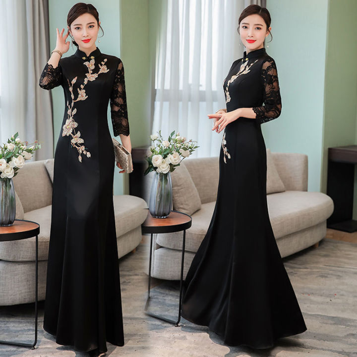 qipao-เดรสผู้หญิงแขน7-3-เดรสยาวสไตล์2019โชว์ชุดเดรสงานเลี้ยงหรูหรามีสไตล์จีนชุดกีเพ่าแขนสั้นแม้เดรสผู้หญิงเดินแบบ2020สไตล์จีนสง่างามชุดเดรสงานเลี้ยง