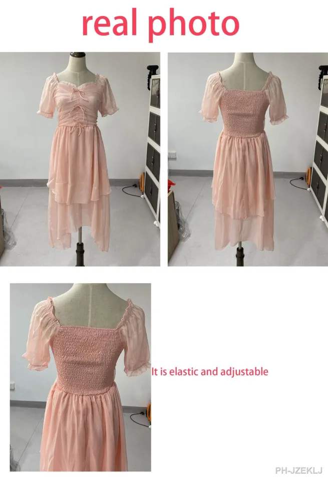 hot】❒﹍◅ Elegante vestido midi feminino roupa kawaii manga curta praia  senhora do escritório rosa chiffon verão festa 2023