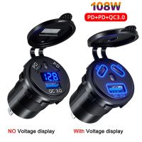 12V/24V USB Outlet 108W 3 Port Dual PD 45W USB C Car Charger Socket and Quick Charge 3.0 USB Charger with Voltmeter Power Switch Car Chargers