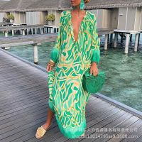 【YF】 Abstract Print Lantern Sleeve Shirt Dress Women Elegant Holiday Loose Dresses Green Gothic Maxi Work Mom Goth Sexy Vestidos