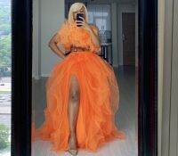 Fashion Orange Tulle Skirts Womens 2020 Ball Gown Split Tutu Floor Length Cheap Casual femme jupes Elastic Waist