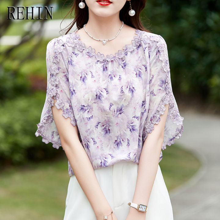 rehin-เสื้อเชิ้ตผ้าชีฟองปักลายแบบแขนสั้นลายออกแบบ-เสื้อสตรีทรงหลวมคลุมท้องสำหรับฤดูร้อน