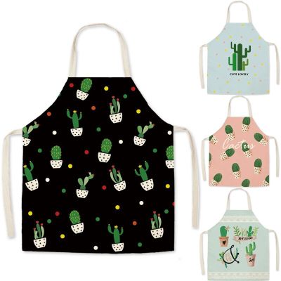 Cactus Pattern Kitchen Apron for Woman Sleeveless Cotton Linen Aprons Home Cooking Baking Bibs Cleaning Apron