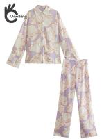 OneBling 2022 Summer Women Traf Casual Printed 2 Piece Sets Long Sleeve Loose Shirt + Long Straight Pants Tall Female Suits