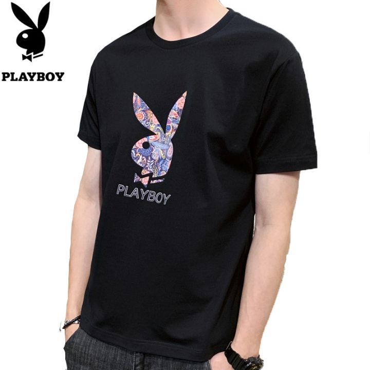 playboy-เสื้อยืดแขนสั้นผู้ชาย-แฟชั่นแนวเกาหลีหลวมผ้าฝ้ายหล่อ
