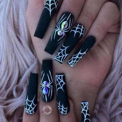 24pcs Dark Spider Halloween Fake Nails Coffin Ballerina Long Short Style False Nails DIY Press On Nails Full Cover Nail Tip