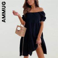 【Ladies shop】 AmmugNew WomenBacklessDress LadyNeckPuff Sleeve Dresses เดรสปาดไหล่