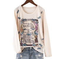 Fashion hot drilling floral printed t shirt women o-neck long sleeve graphic tees basic tee shirt femme 2020 spring new