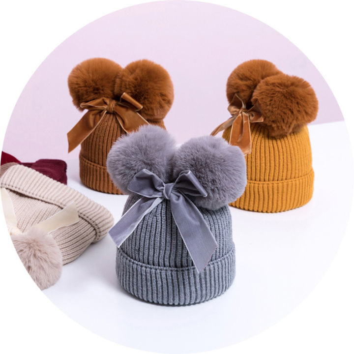 ball-bow-knot-cute-knitting-baby-infant-hat-multi-function-autumn-and-winter-thicken-warmth-cap-newborn-boy-accessories