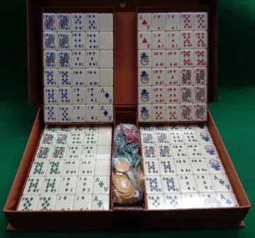 Chinese Mahjong Set, Ivory Colored Small Tiles with Wooden Case - Three Dice