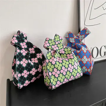 Handmade Knit Handbag Women Mini Knot Wrist Bag Casual Color Wide Stripe  Plaid Tote Bag Student Shopping Bag