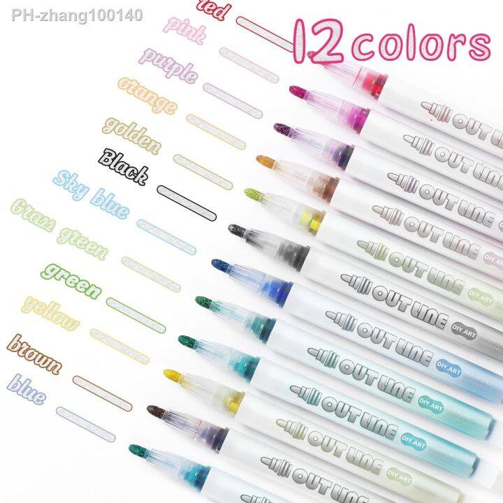 12pcs-color-double-line-contour-pens-contour-metal-marker-double-line-pens-magic-contour-marker-pens-for-art-painting-writin