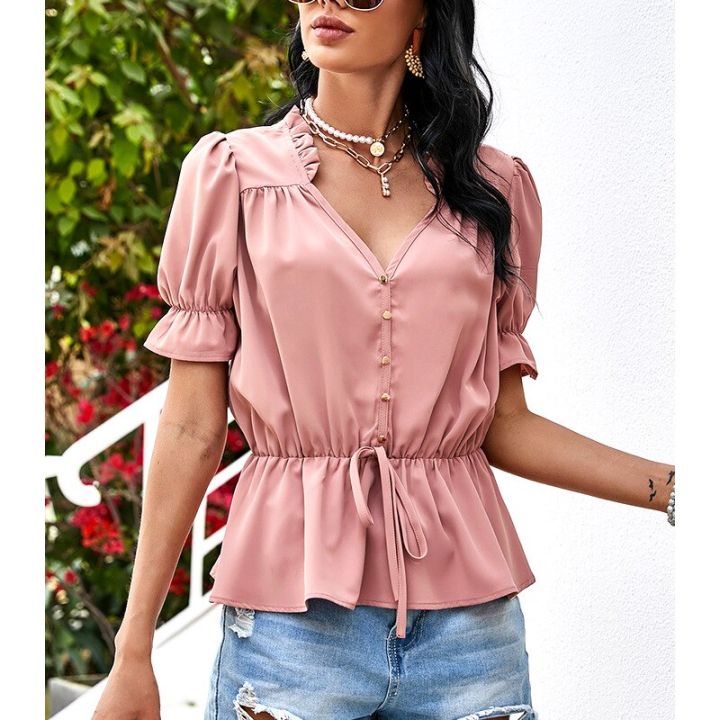 women-solid-button-waist-retraction-shirts-v-collar-short-sleeve-high-waist-french-lace-up-autumn-female-casual-fashion-blouse