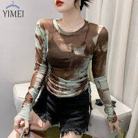 YIMEI เสื้อตาข่ายช่องผ่านคอกลมยาวเรียบง่ายสำหรับผู้หญิง,เสื้อกันแดดพิมพ์ลาย2023ฤดูร้อนเสื้อยืดสายรัดที่สวยงามสำหรับผู้หญิง