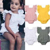 ชุดจั๊มสูท Pakaian Tanpa Lengan Ruffle Bayi Perempui Bayi Baru Lahir Warna Permen Pakaian Katun Bayi Perempua Sunsuit 0-24M