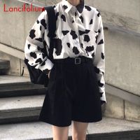 ♕◘✢ Long Sleeve Cow Print Blouse Women Korean Fashion Vintage Summer Oversized Shirts Ladies Boyfriend Tops And Blouses 2020