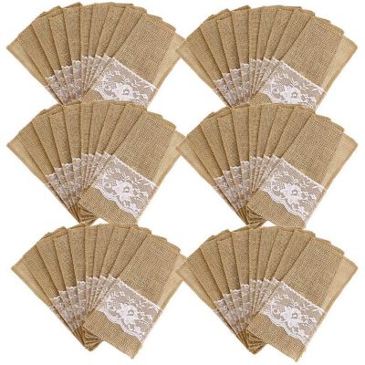 75Pcs Burlap Lace Cutlery Pouch Rustic Wedding Tableware Knife Fork Holder Bag Hessian Jute Table Decoration Accessories