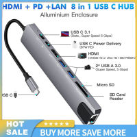 ฮับ USB 8-In-1ตัวแปลงแบบหลายพอร์ตอะแดปเตอร์3.1-4K RJ45ตัวอ่านบัตร TF PD ชาร์จเร็วใช้ได้กับ MacBook