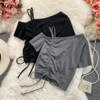 Neploe Slim Short Asymmetrical Neck Womens T-shirt Short Sleeve Bow Drawstring Off Shoulder Tops Solid Fold Shirring Tees Mujer