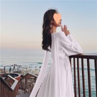 Desert grassland tourism photos ladies white accept waist dress holiday by the sea sweep the floor long skirt