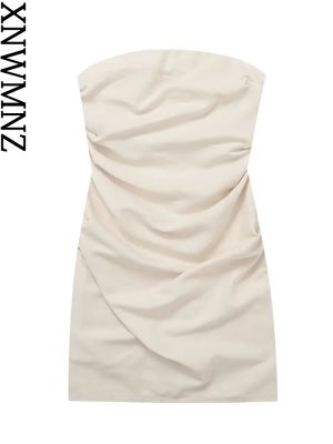 【YF】 XNWMNZ 2023 Women Fashion Linen Blended Strapless Dress Party Style Straight Neck Exposed Shoulders Pleated Female Mini Dresses
