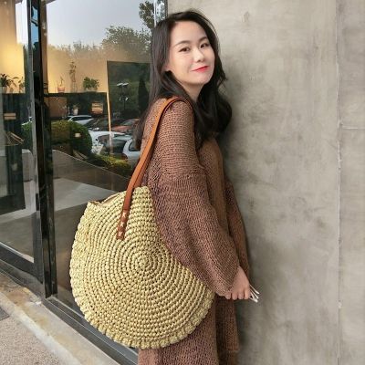 ▦☃ Holiday beach shoulder bag round popularity straw Tote Bag