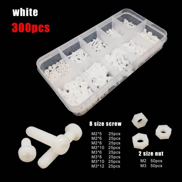 300-700-1160pcs-m2-m2-5-m3-m4-black-white-nylon-plastic-insulating-cross-phillips-pan-round-head-bolt-screw-nut-set-mix-kit-box