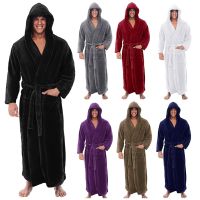 Mens Bathrobe Winter Warm Casual Flannel Robe Sleepwear Long Sleeve Plush Shawl Male Solid Hooded Bath Robe Lounge Nightgown